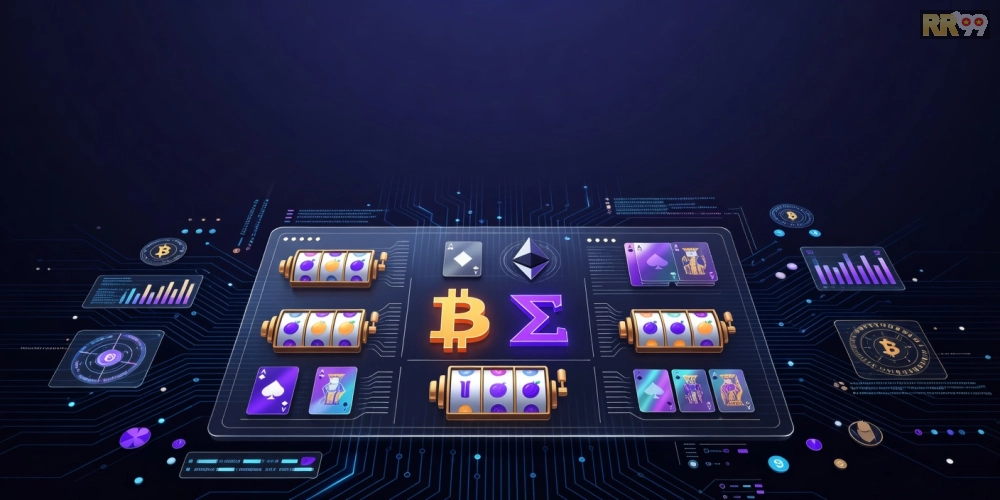 Minh họa khái niệm crypto casino rr99 với giao diện hiện đại và tiền điện tử an toàn
