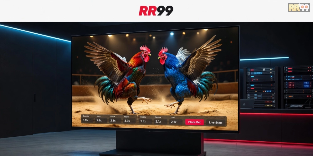 Minh họa khái niệm đá gà online rr99 với giao diện cá cược hiện đại và hình ảnh trường gà trực tuyến