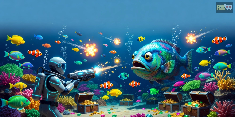 Minh họa giao diện game bắn cá rr99 với cá đa dạng và súng bắn sinh động