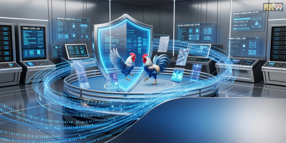Ảnh minh họa hệ thống bảo mật tiên tiến trong đá gà online rr99 với biểu tượng khóa và dữ liệu an toàn