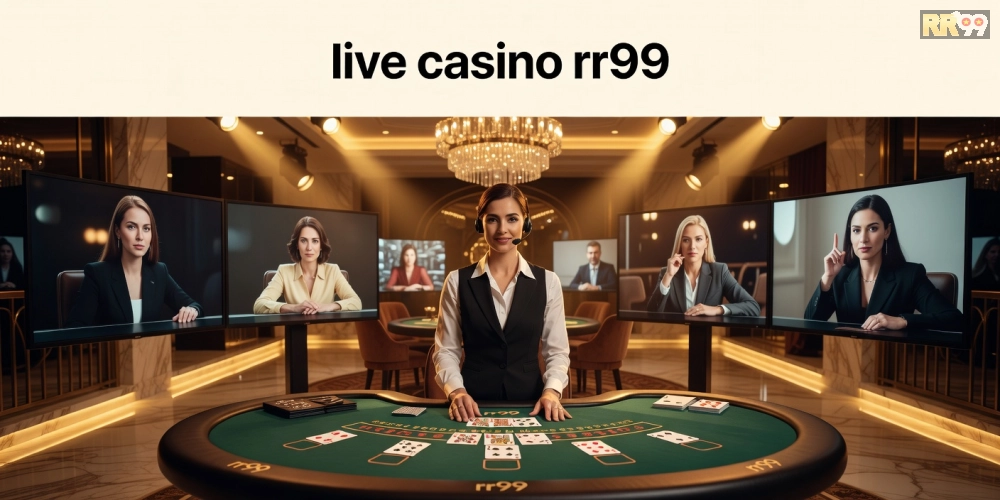 Minh họa khái niệm live casino rr99 với dealer thực thụ và bàn chơi chuyên nghiệp
