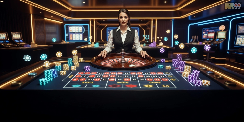 Hình ảnh giao diện trực tiếp casino với bàn roulette sôi động và người chơi tham gia