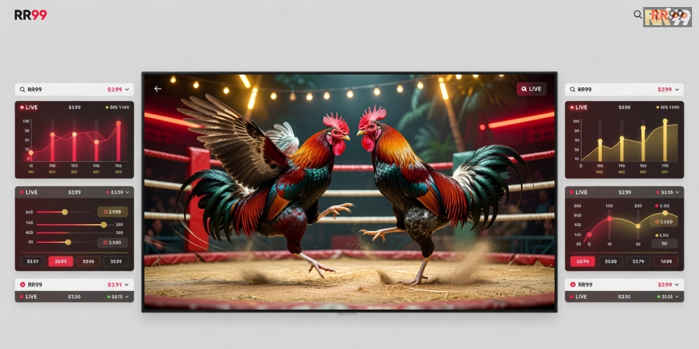 Minh họa khái niệm xem đá gà trực tiếp trên nền tảng rr99 với giao diện streaming hiện đại